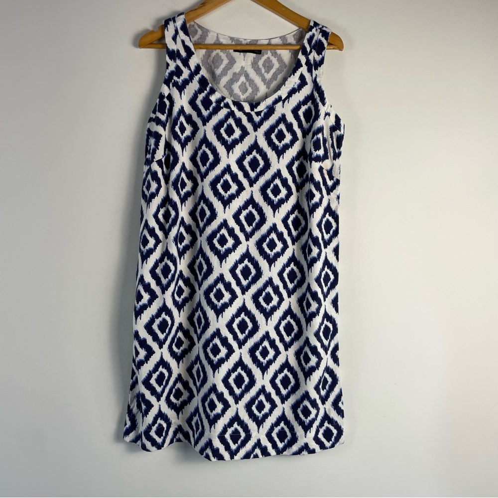M&S Linen Sleeveless‎ Dress Size 8 Short Blue White Ikat Geometric Print Beachy